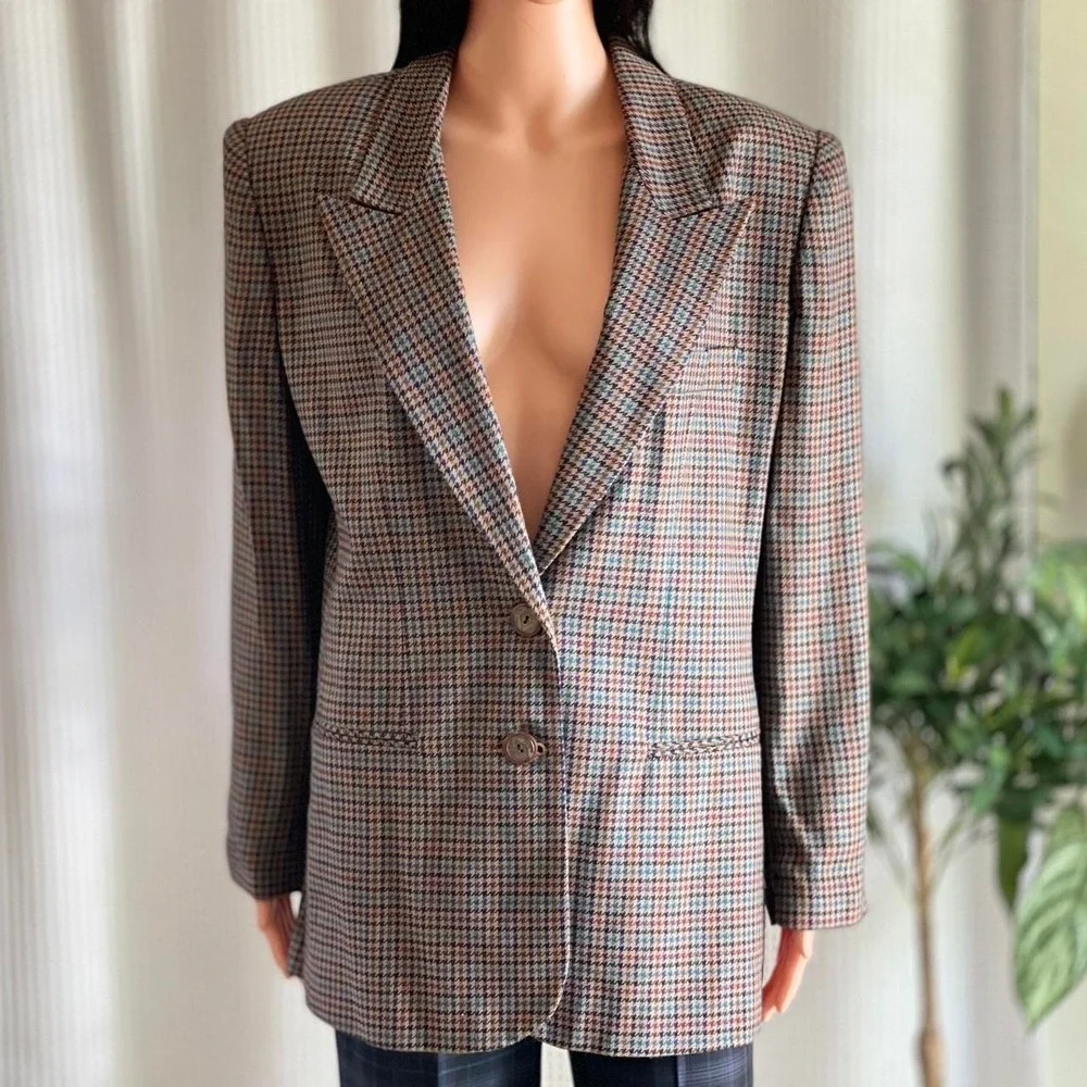 Vintage 90s Forenza Blazer Houndstooth Brown Career Office Jacket‎ Size 12